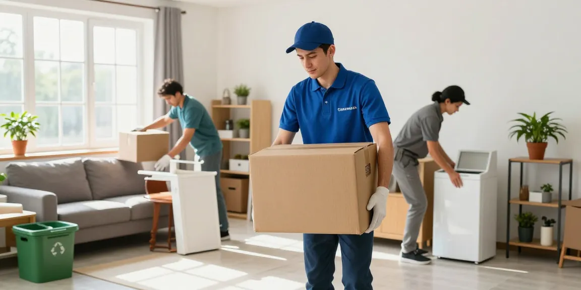 House clearance professionals efficiently removing waste from a bright living room, emphasizing eco-friendly disposal practices.