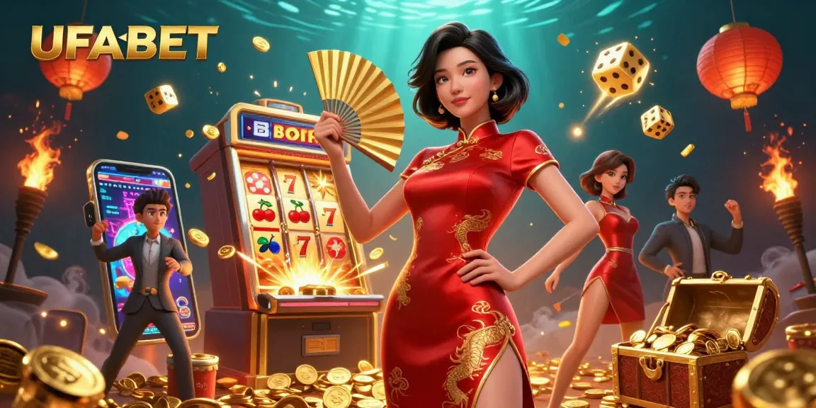 Experience the excitement of UFABET with a vibrant casino scene showcasing slot machines, gold coins, and a confident Asian woman.