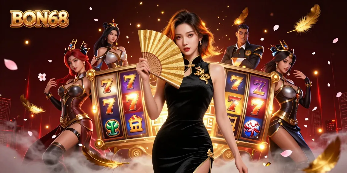 Play slots at BON68 with captivating visuals, featuring an elegant woman and vibrant slot reels.