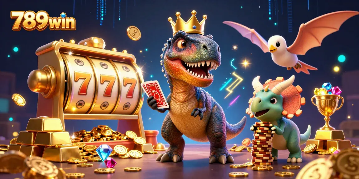 Engage in thrilling gameplay with 789win, featuring a T-Rex shuffling cards among sparkling treasure.