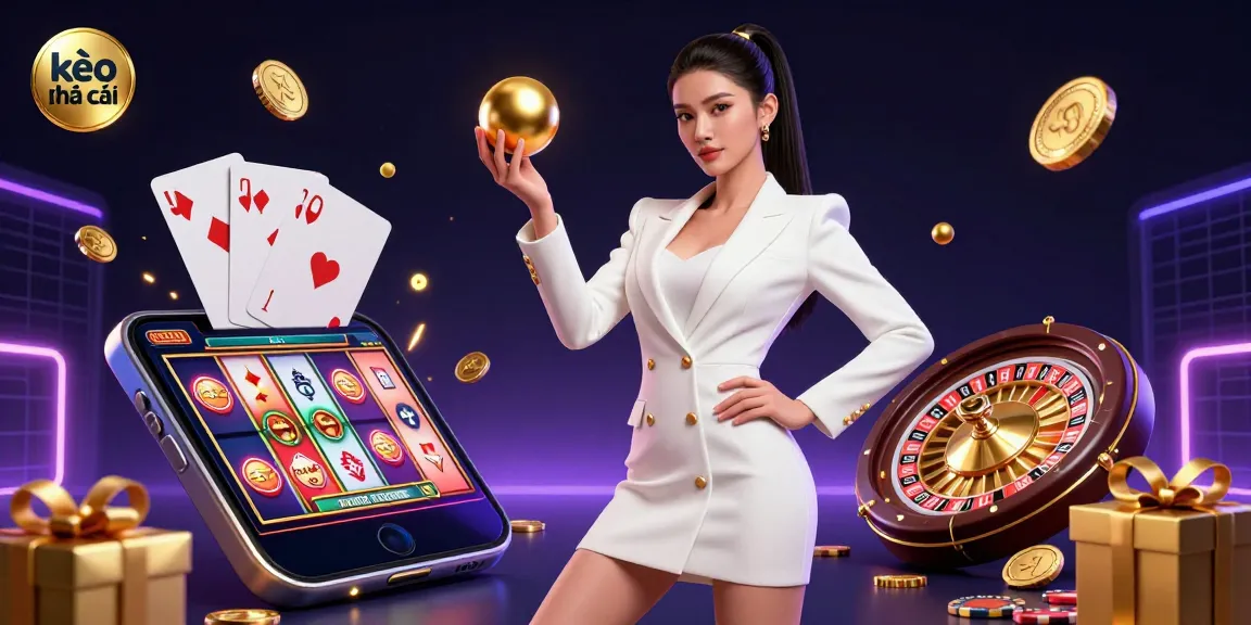 Experience kèo nhà cái with an elegant woman showcasing luxury casino elements amid vibrant gaming graphics.