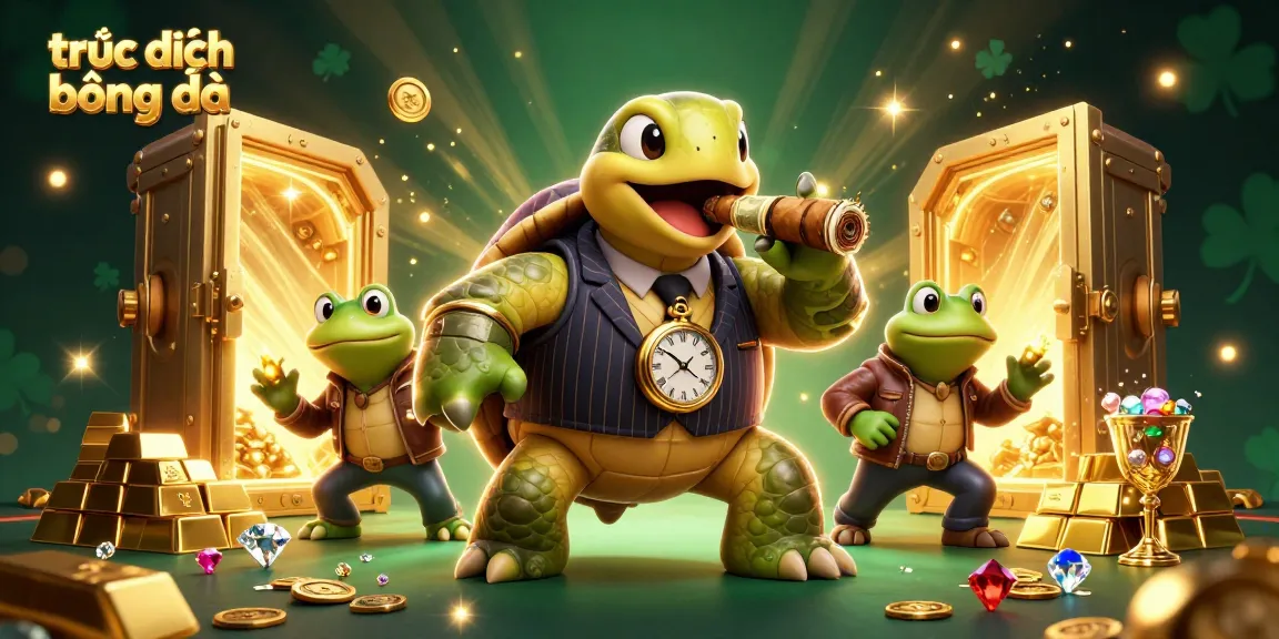 Watch trực tiếp bóng đá in action with a vibrant 3D cartoon illustration of a turtle and bullfrogs, set in a dynamic casino scene.