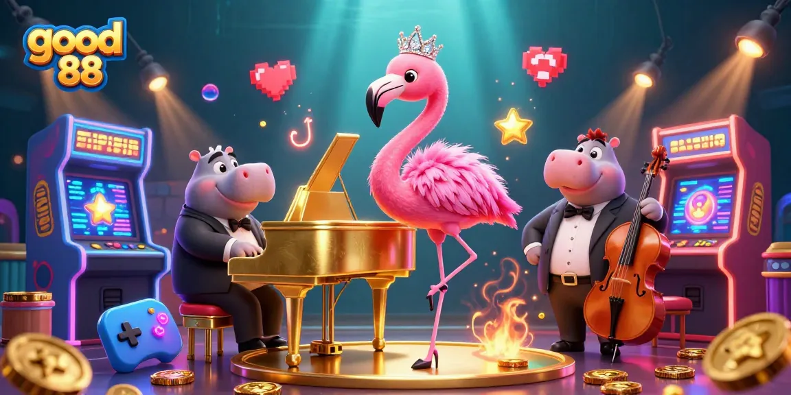 Engage with the vibrant atmosphere of good 88, showcasing a flamingo singer and hippo bassist in a dynamic online casino scene.