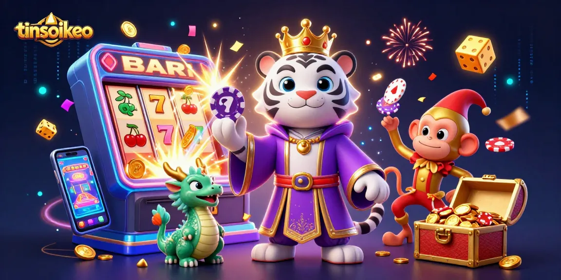 Experience thrilling action with tinsoikeo's vibrant scene of a tiger, monkey, and dragon within a dynamic casino environment.