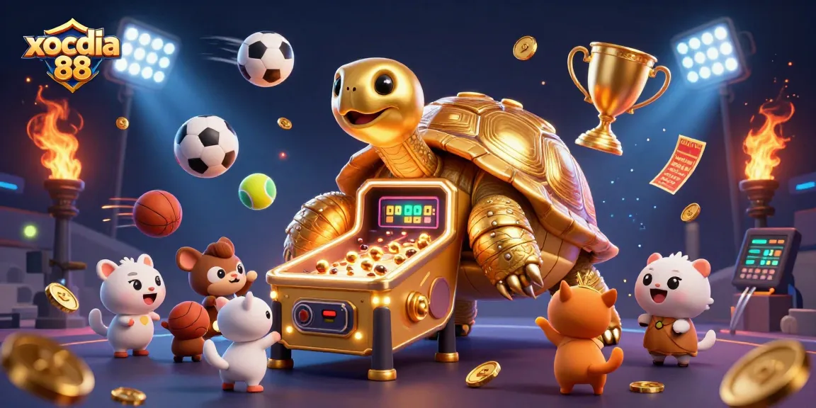 Xocdia 88 engages players with a golden tortoise pinball machine amidst vibrant sports elements.