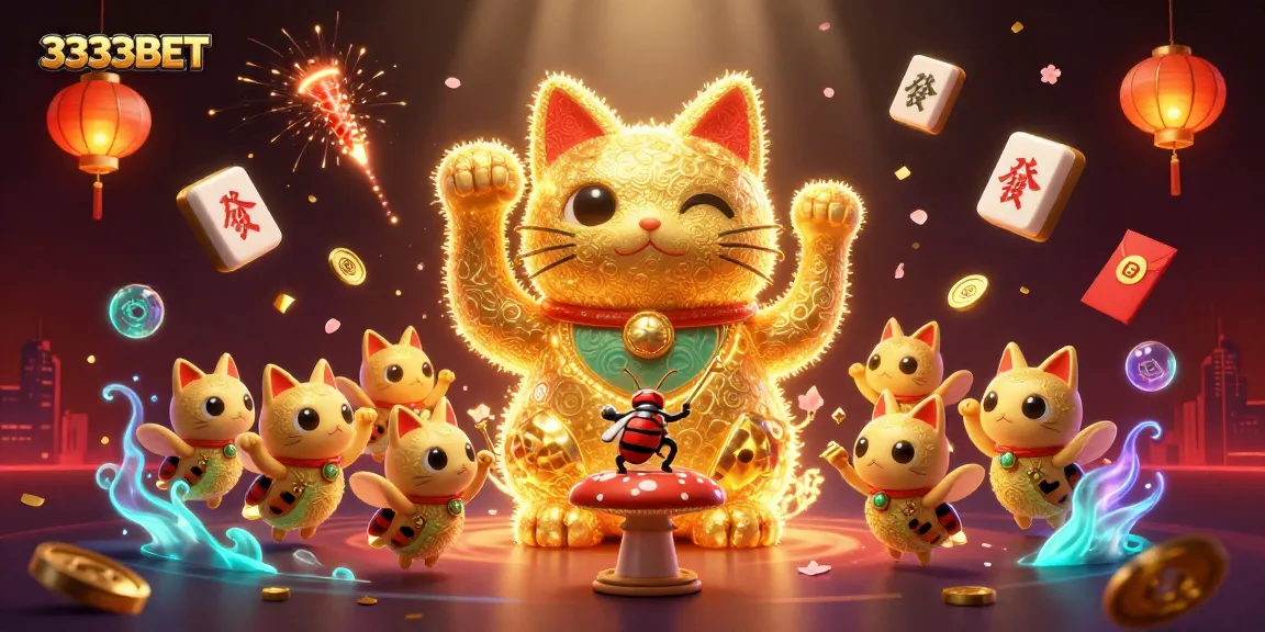 Experience thrilling luck with 3333BET as golden fireflies form a lucky cat in an exciting casino scene.