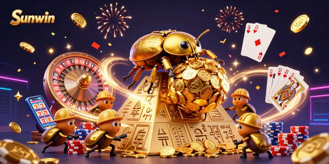 Play Sunwin with a dynamic scene featuring golden beetles and casino symbols, showcasing excitement.