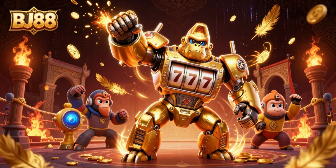 Experience thrilling wins at BJ88 with the 3D golden gorilla mech in a vibrant casino scene.