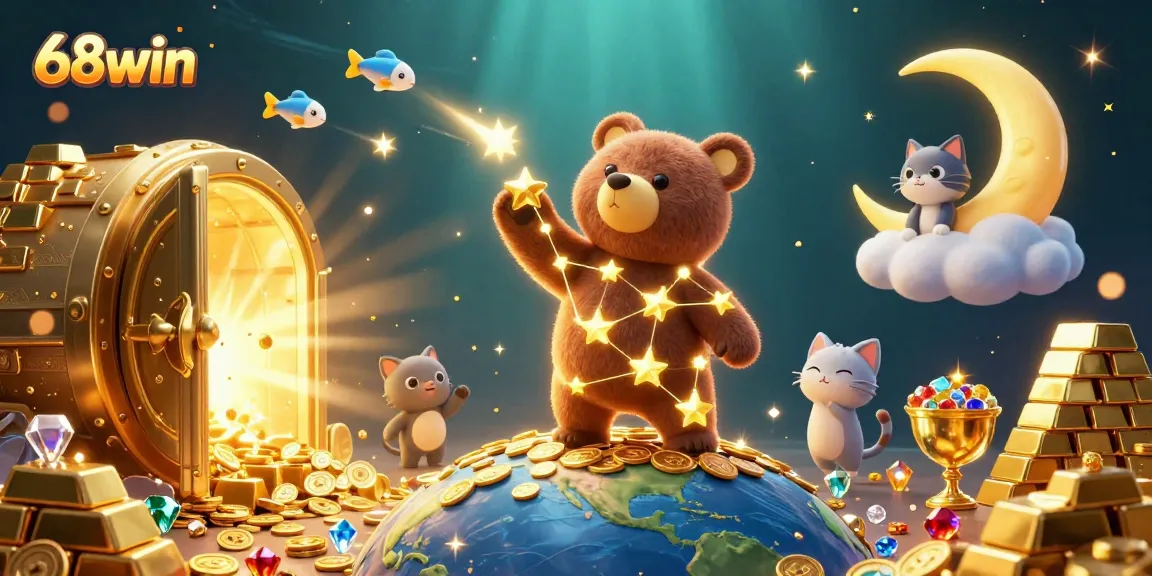 Experience exciting wins at 68win with dazzling treasures and playful characters in a vibrant casino scene.