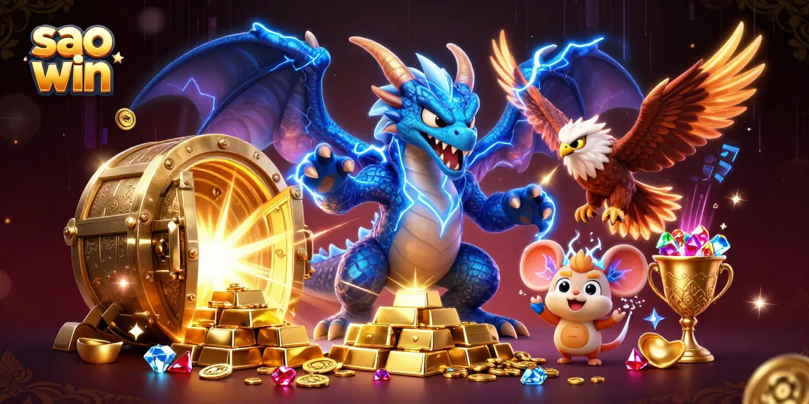 Sao win showcases a dragon, hawk, and mouse amidst a vibrant casino treasure scene