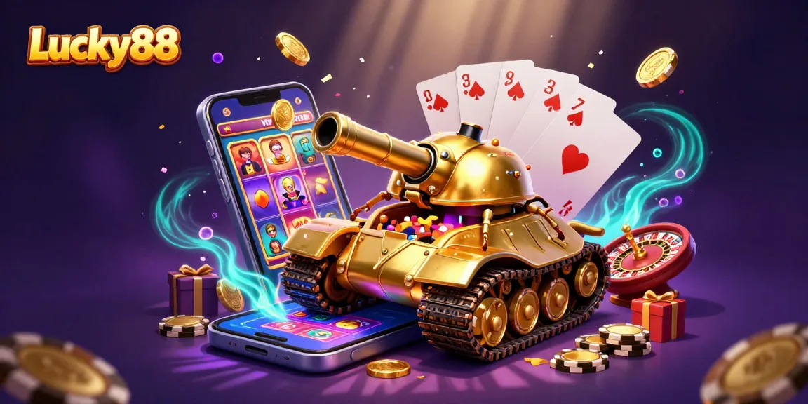Experience the thrill of Lucky88 with a vibrant casino inside a golden beetle tank bursting with excitement.