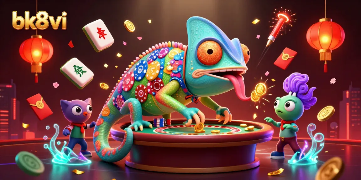 Experience thrilling gameplay at bk8vi with a vibrant chameleon casino owner capturing golden coins.