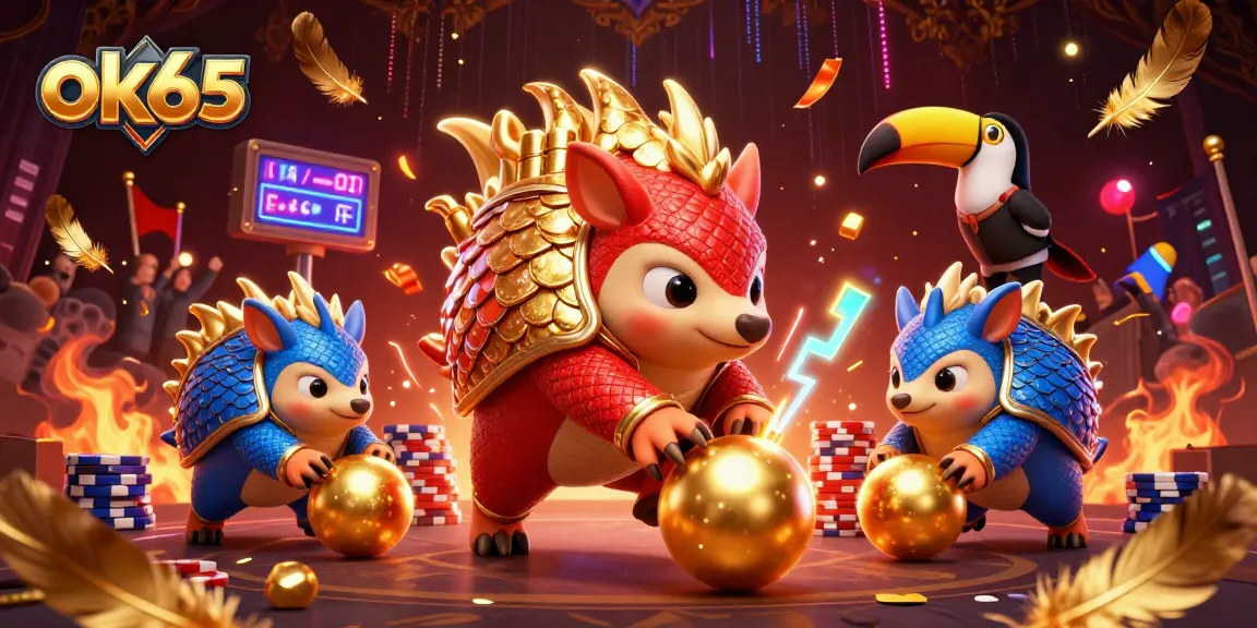 Rival pangolins competing in a casino showdown, showcasing ok65 gaming excitement with flying poker chips.