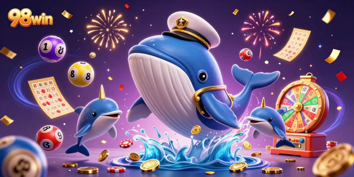 Engage with 98win's vibrant casino scene featuring a whimsical whale and playful dolphins.