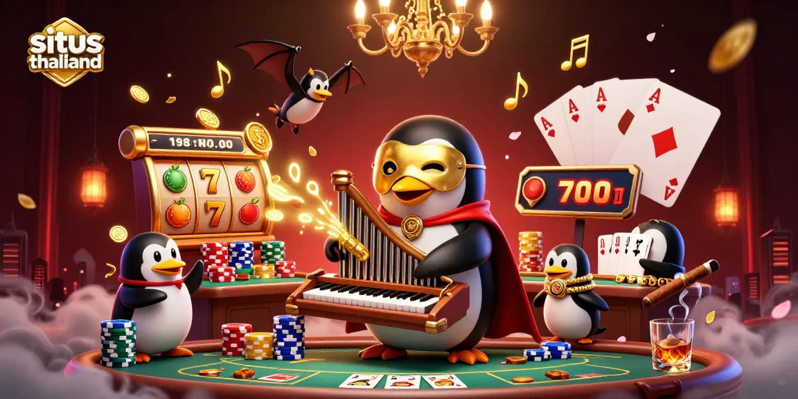Play exciting games at situs thailand featuring vibrant slot reels and a whimsical casino scene.