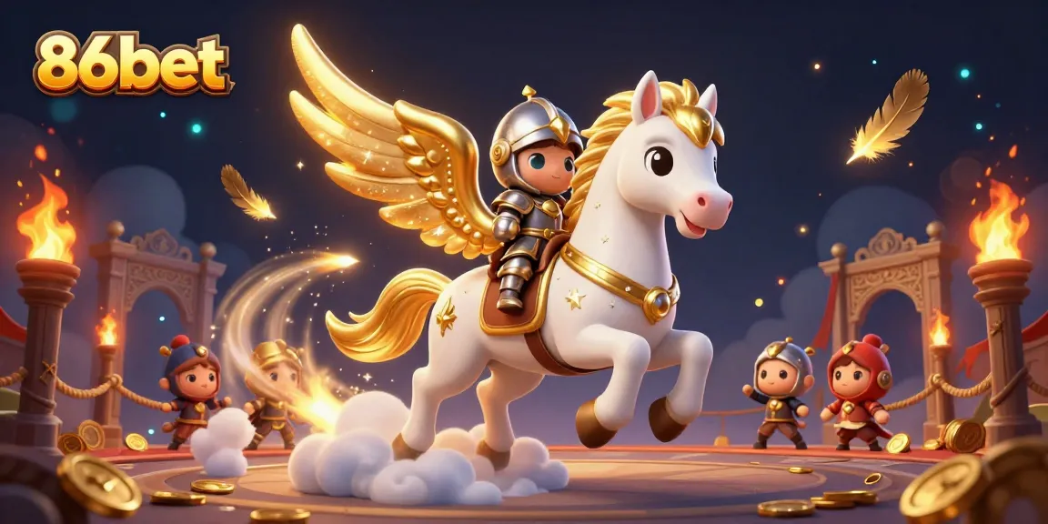 Experience thrilling gameplay with 86bet as the celestial horse and knight navigate an epic casino arena.