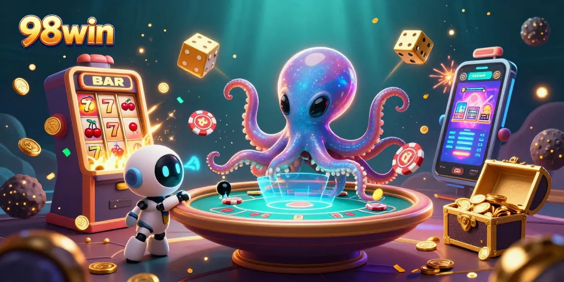 Join the alien octopus and robot in a gambling adventure with 98win at a cosmic casino!