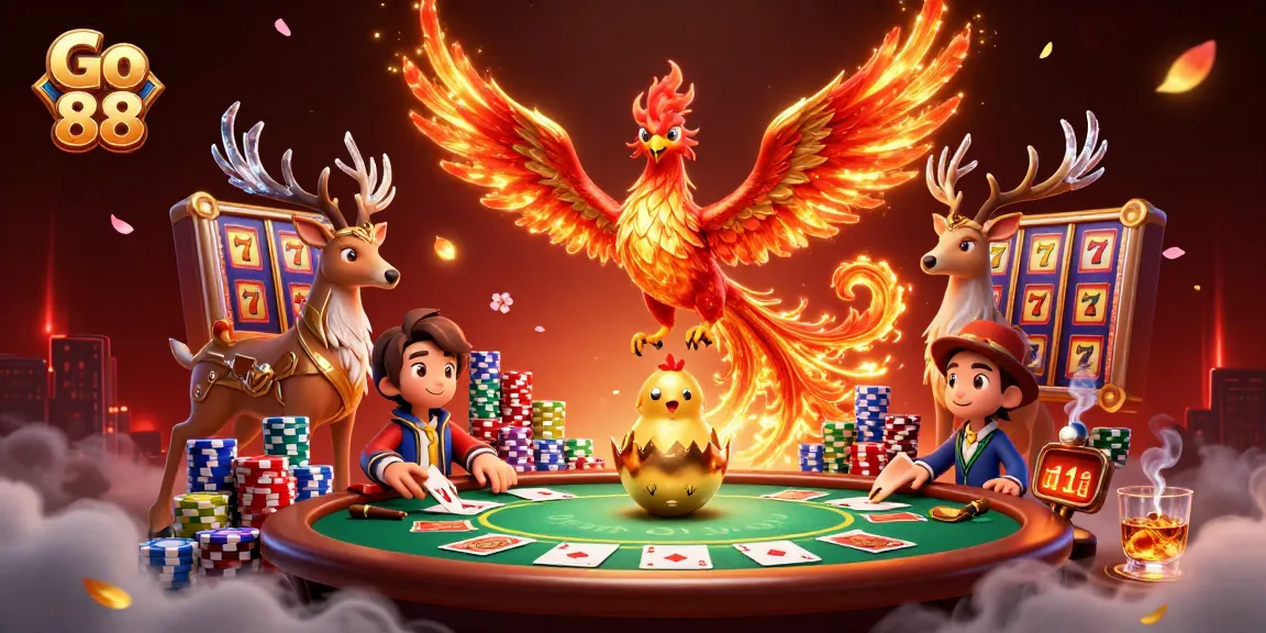 Win big with Go 88 at this vibrant casino scene featuring slots, poker chips, and a mystical phoenix.