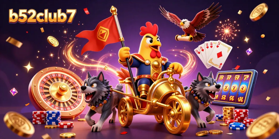Experience thrilling wins at b52club7 with a dynamic and energetic casino scene featuring a golden war chariot and vibrant game elements.