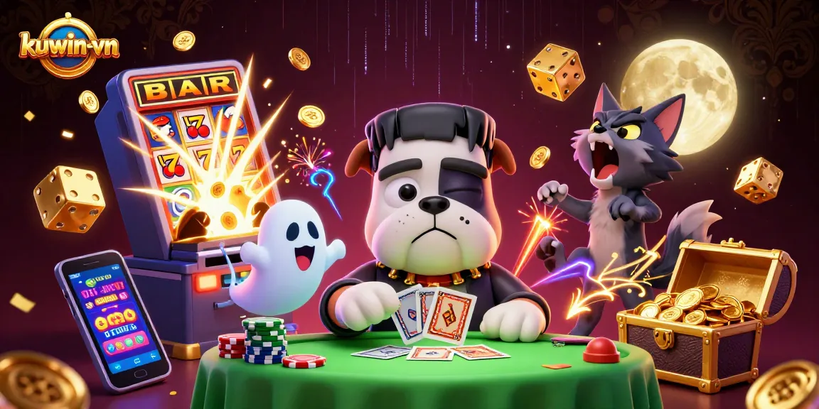Experience thrilling action with kuwin-vn's 3D casino scene featuring a playful bulldog dealer and captivating elements.