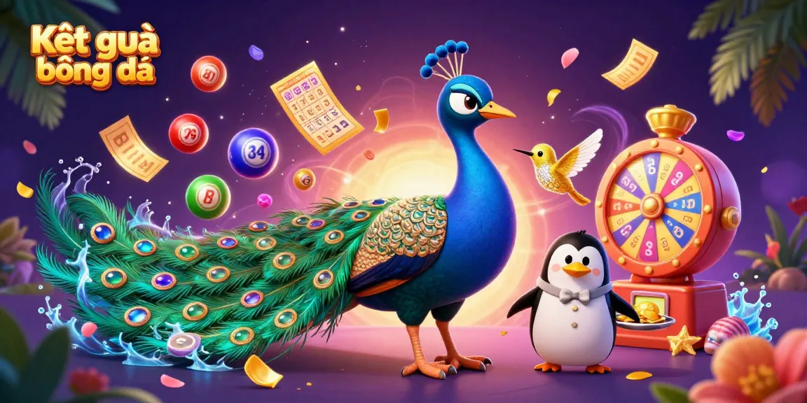 Check live Kết quả bóng đá with genteel peacock and penguin butler in a colorful casino-themed scene.