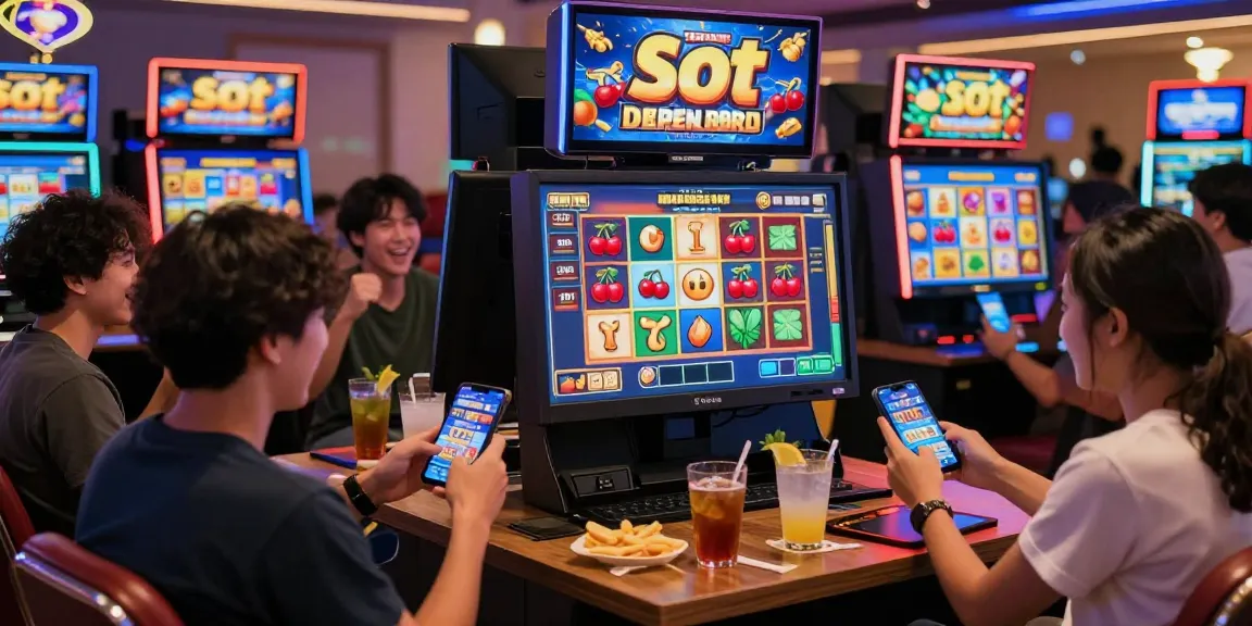 Exciting scene of players winning on situs slot deposit 10 ribu with vibrant slot graphics in a lively atmosphere.