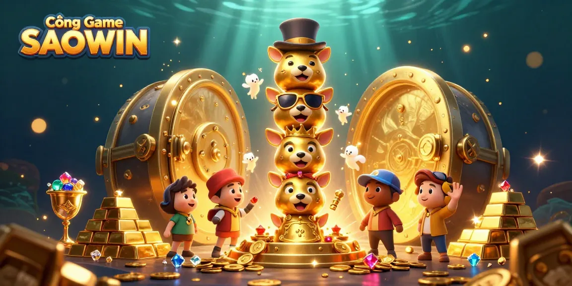 Experience thrilling wins at Cổng Game SAOWIN with vibrant 3D visuals of casino excitement and treasures.