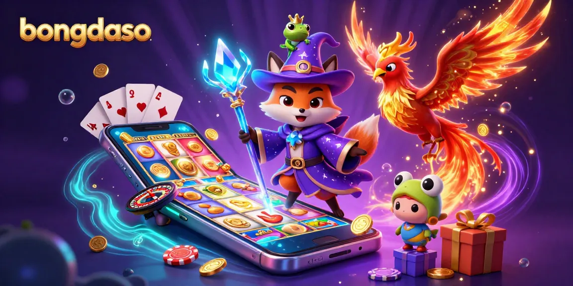 Bongdaso gamers enjoy vibrant slots with dynamic characters in a mystical casino scene.