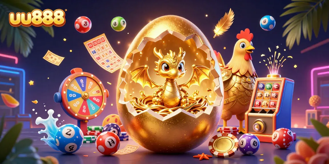 Play exciting games with uu888, featuring a gold dragon, poker chips, and vibrant lottery elements.