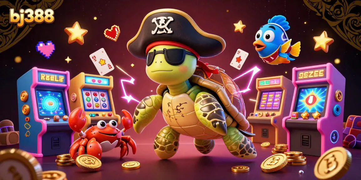 Engage with bj388's immersive gaming experience featuring a turtle pirate and vibrant arcade games.