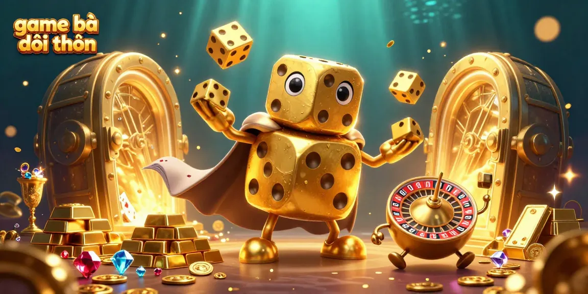 A 3D illustration showcasing game bài đổi thưởng with a golden dice golem and casino elements in a vibrant scene.