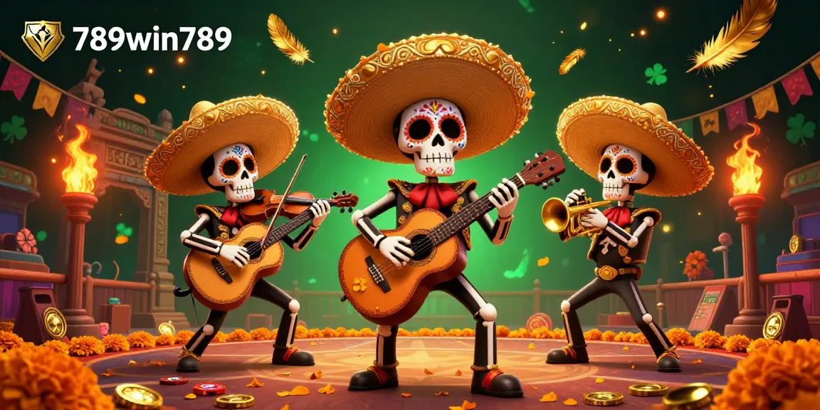 Experience the thrill of 789win789 with festive skeleton musicians in an energetic casino scene.