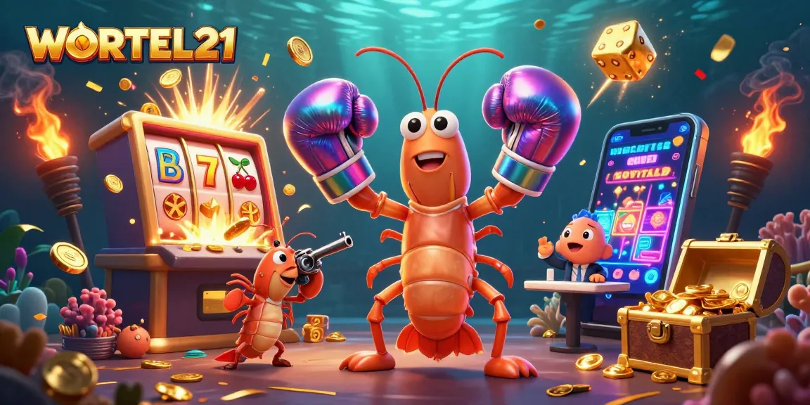Engage in WORTEL21's thrilling jackpot action with playful marine characters in a vibrant casino scene.