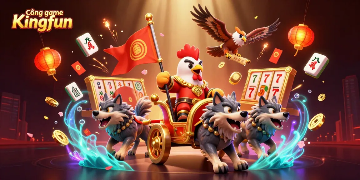 Cổng game Kingfun showcases a dazzling 3D scene with a rooster warlord, golden chariot, and casino elements like slot reels.