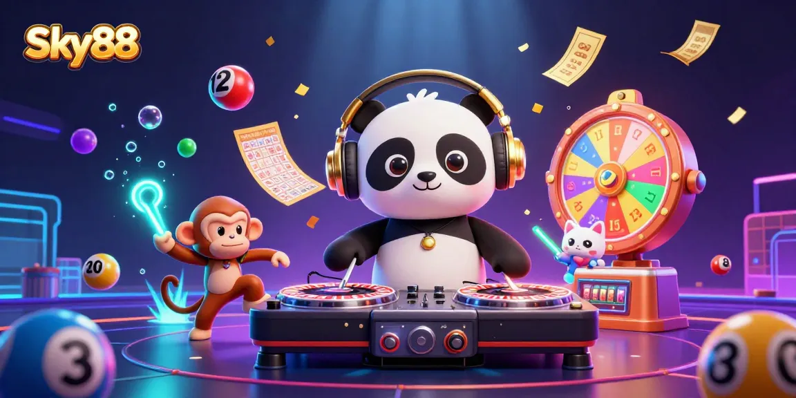 Spin, win, and celebrate with Sky88's vibrant casino party featuring energetic characters.