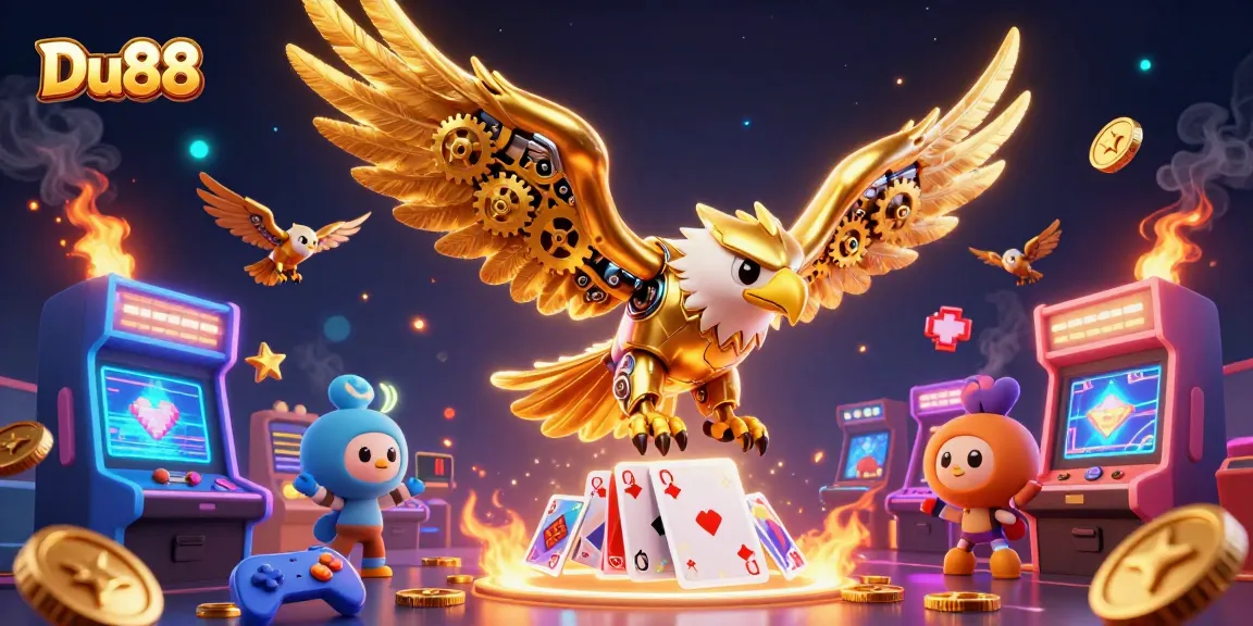 Experience Du88's thrilling casino atmosphere with dynamic gaming elements and a vivid golden eagle centerpiece.
