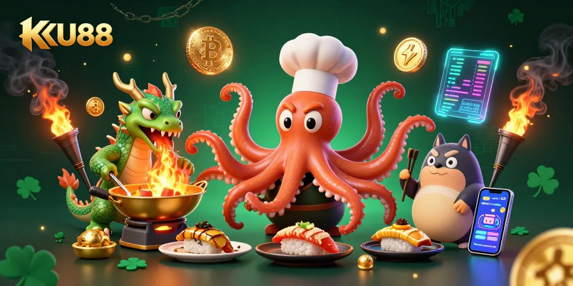 Spin to win big with KU88, featuring a vibrant 3D scene of an octopus chef and playful elements!