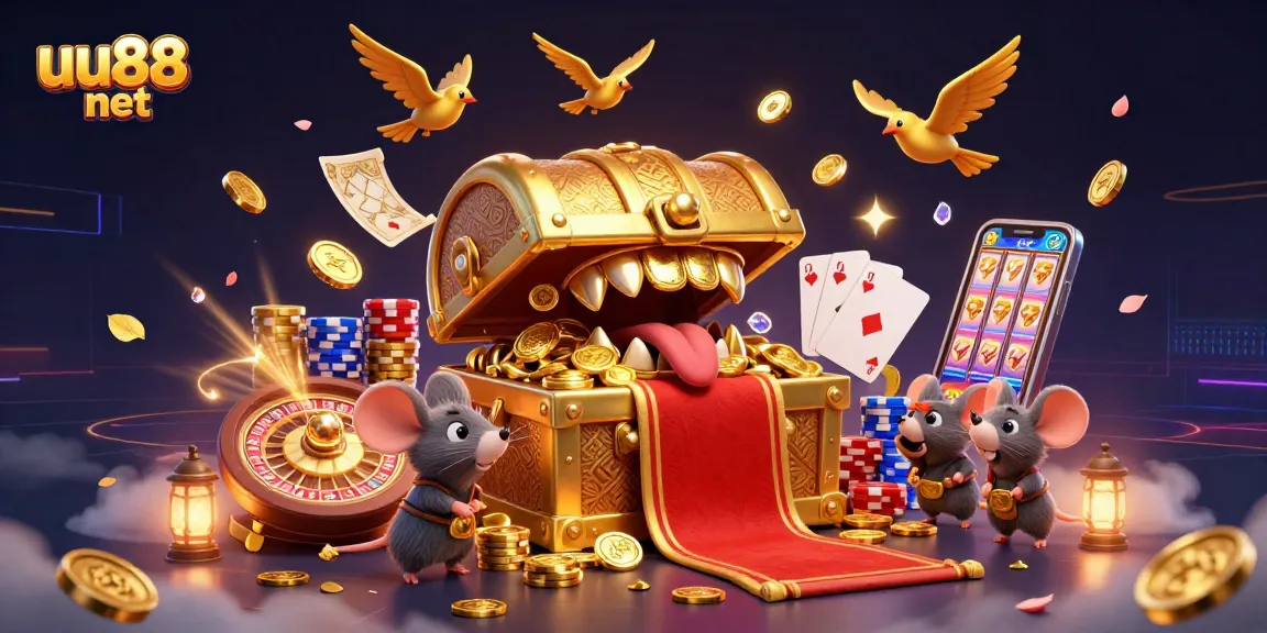 Win big at uu88 net with immersive gameplay featuring a treasure chest, coins, and roulette, celebrate with golden birds!