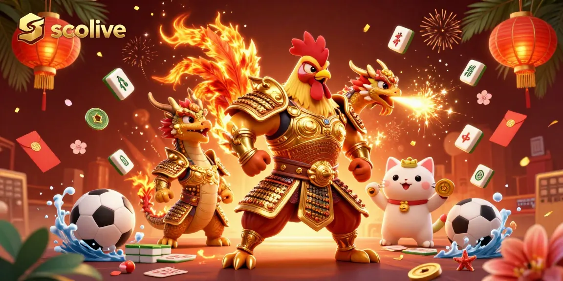Socolive unleashes sports betting excitement with a vibrant rooster warrior and dragon, surrounded by dynamic game elements.
