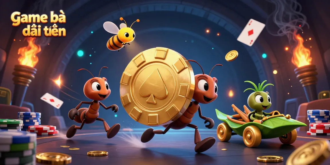 Engage in game bài đổi thưởng with ants carrying a golden poker chip amidst dynamic poker elements.