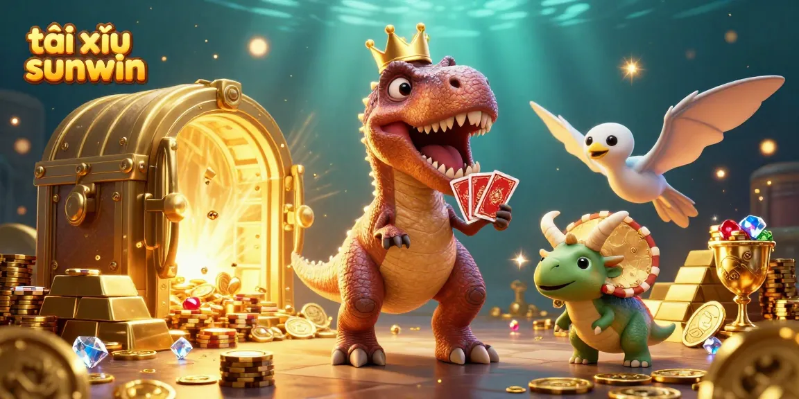 Experience the excitement of tài xỉu sunwin with friendly dinosaurs shuffling cards and stacking chips amidst treasures.
