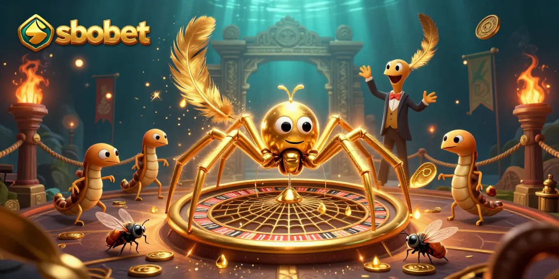 sbobet betting scene featuring a golden spider, roulette wheel, and a centipede croupier.