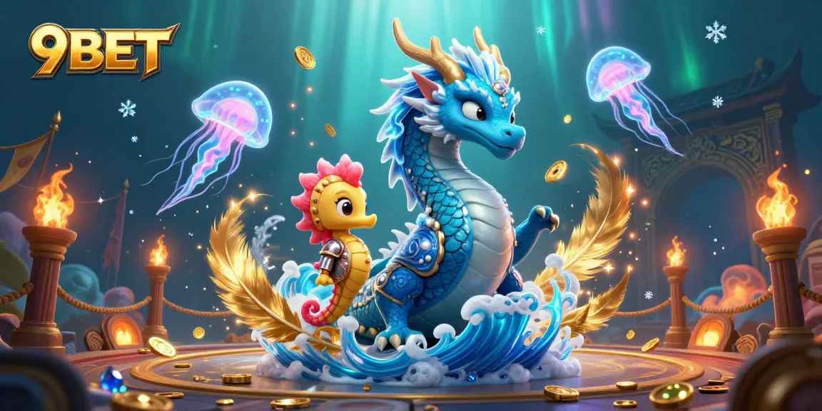 Experience thrilling adventures with 9BET underwater, featuring a dragon, knight, and glowing jellyfish.