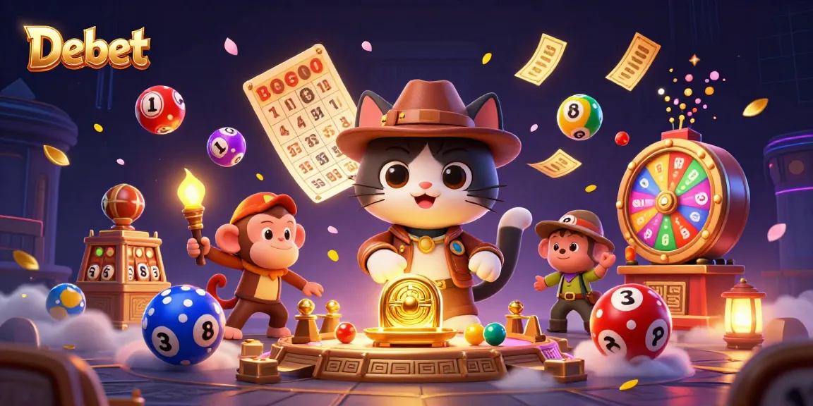 Engage with Debet's vibrant casino world featuring a cartoon archaeologist cat amidst thrilling gaming artifacts.