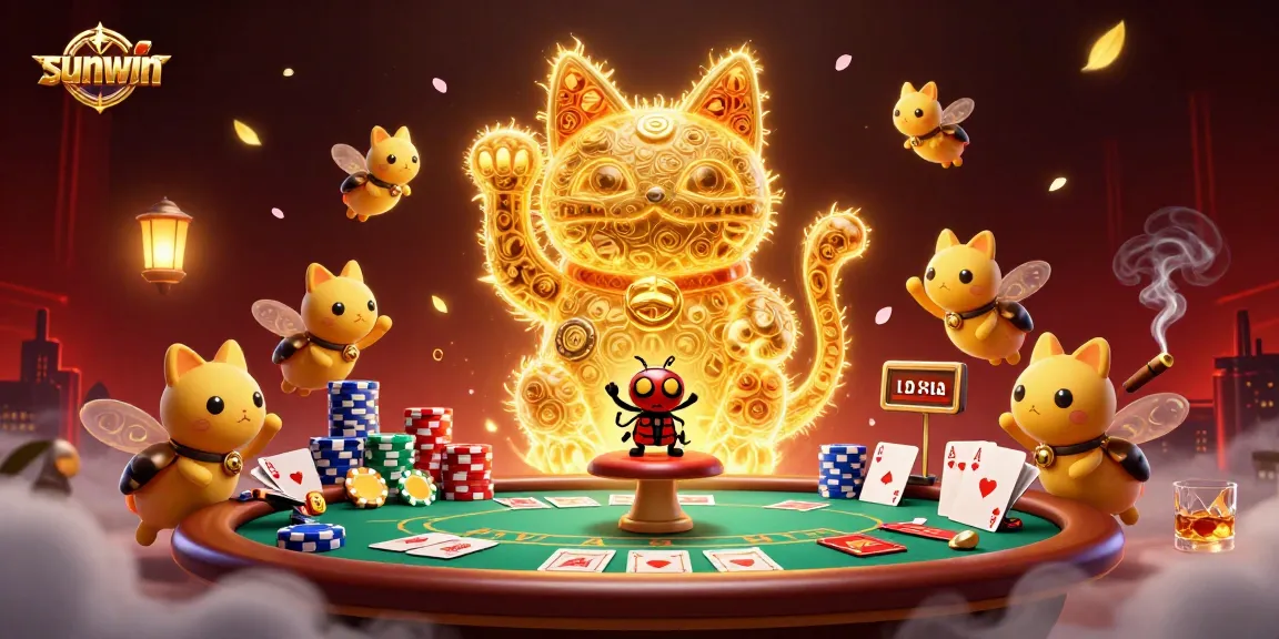 Experience the thrilling world of sunwin with a dynamic illustration of a lucky cat amidst poker elements.