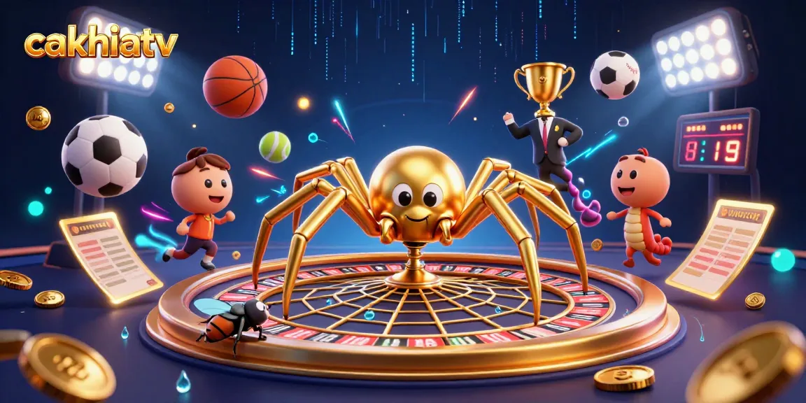 Experience intense betting action with cakhiatv, featuring a golden spider roulette wheel and dynamic sports elements.
