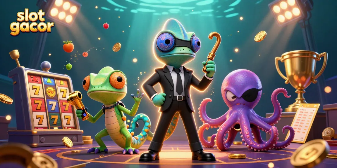 Experience thrilling action with slot gacor featuring vibrant characters like a colorful chameleon and golden gadgets.