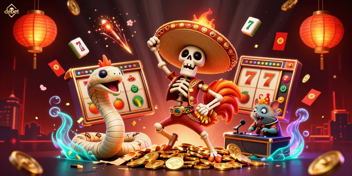 Experience the vibrant world of debet with dynamic characters celebrating on a pile of coins amidst casino elements.