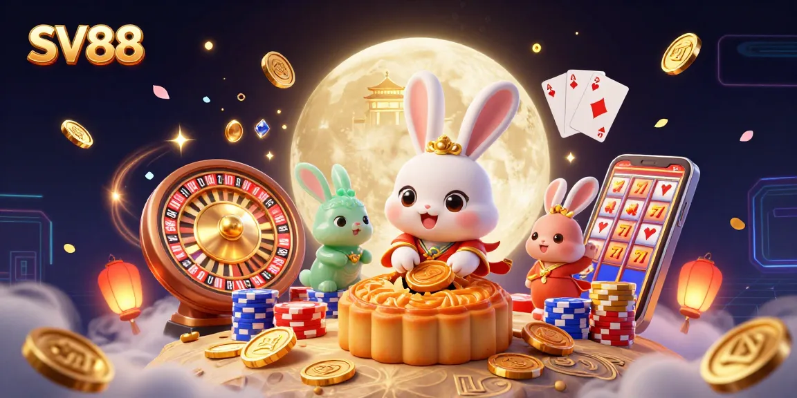 Experience the excitement at SV88 with a dynamic 3D casino scene showcasing moon rabbits and vibrant gambling elements.