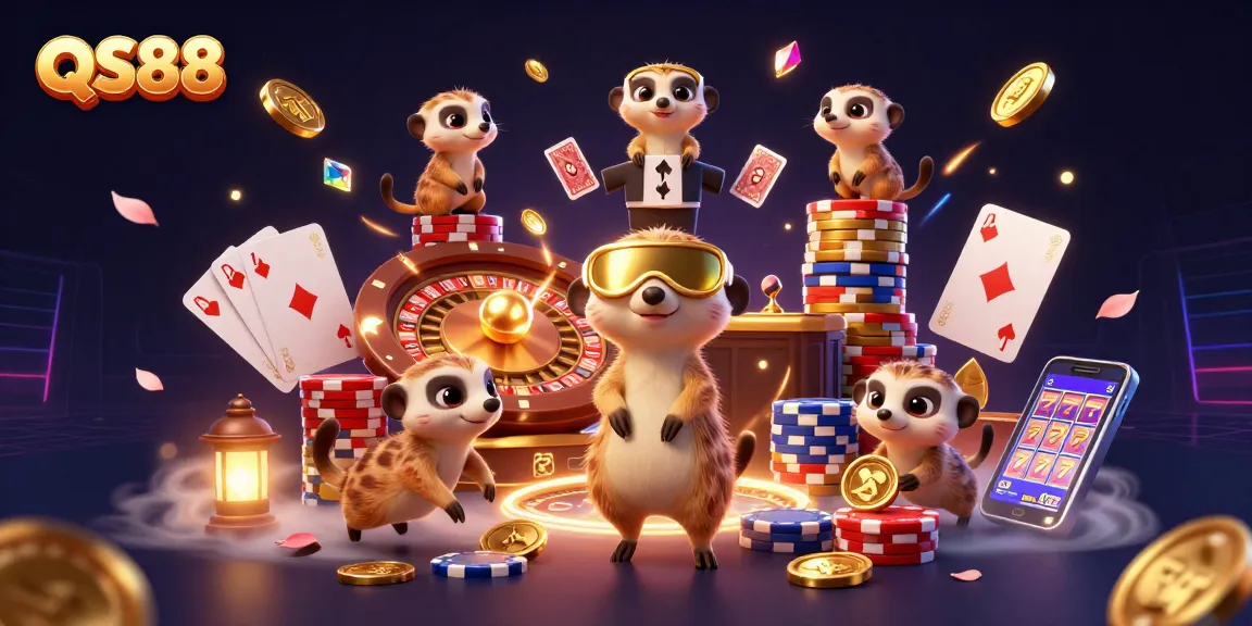 Engaging QS88 meerkats in an elaborate casino setting, delivering vibrant gaming experiences.